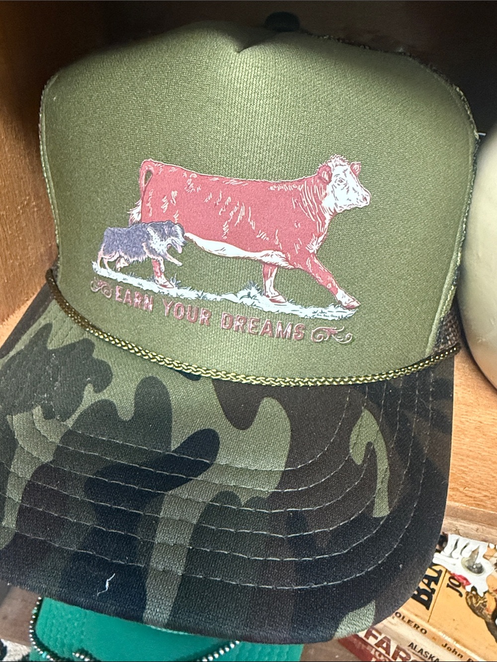 Olive Green Camo Trucker Hat with Cow Patch